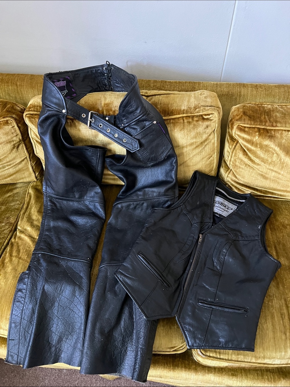 Vintage Black Leather Biker Vest and leather chaps set women’s size Small